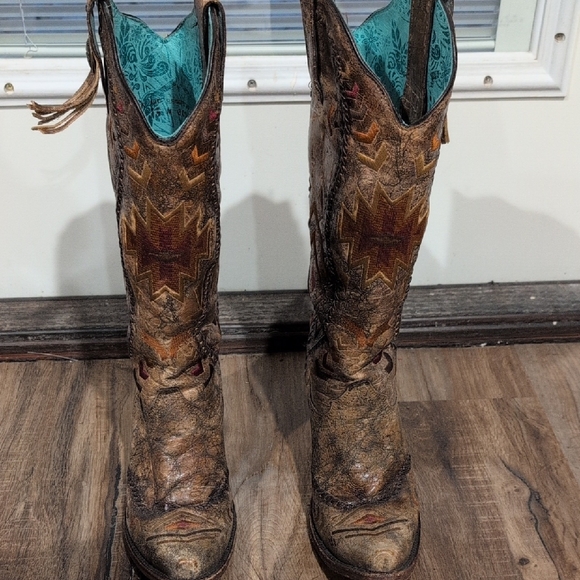 Western Aztec Cowboy Boots with Turquoise Lining - Picture 1 of 4